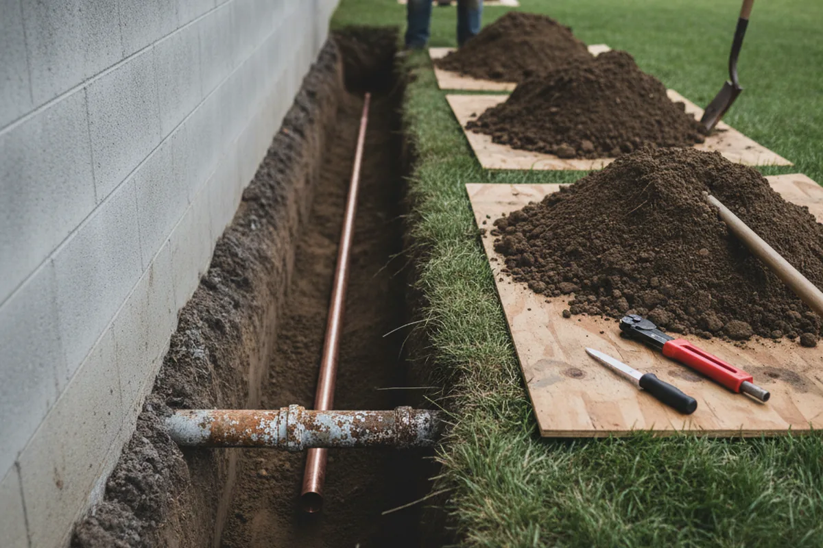 Excavated water line trench during Water Heater Repair in Oconomowoc